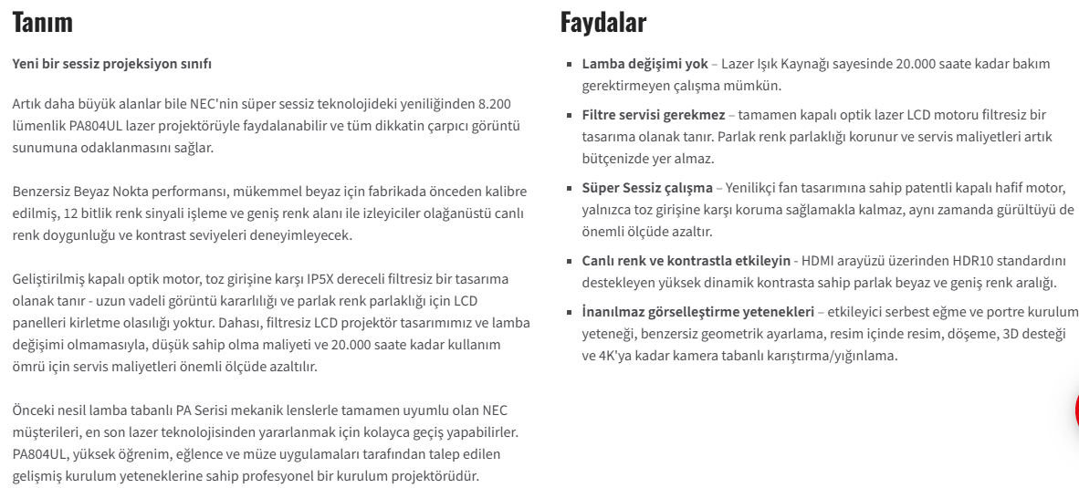 NEC Pa804ul detay özellikler