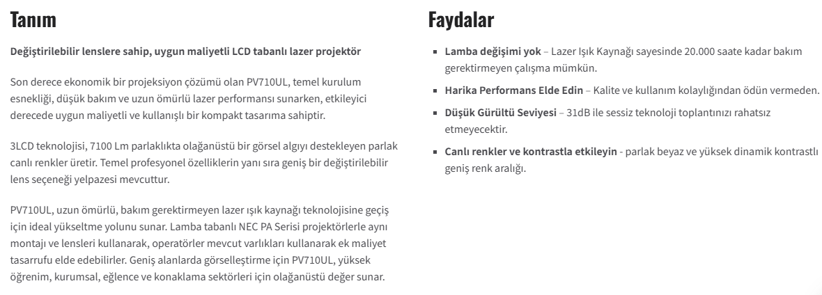 NEC Pv710ul detay özellikler